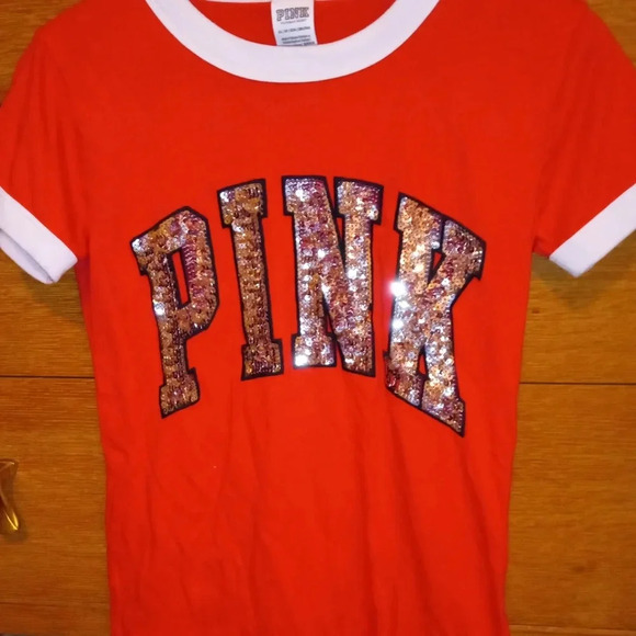 Victoria's Secret Pink red bling baseball t shirt top size xs small - Picture 2 of 4